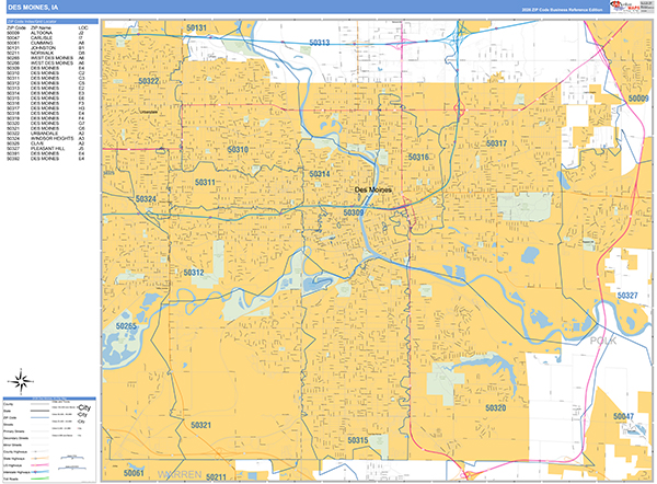 Des Moines City Wall Map Basic Style